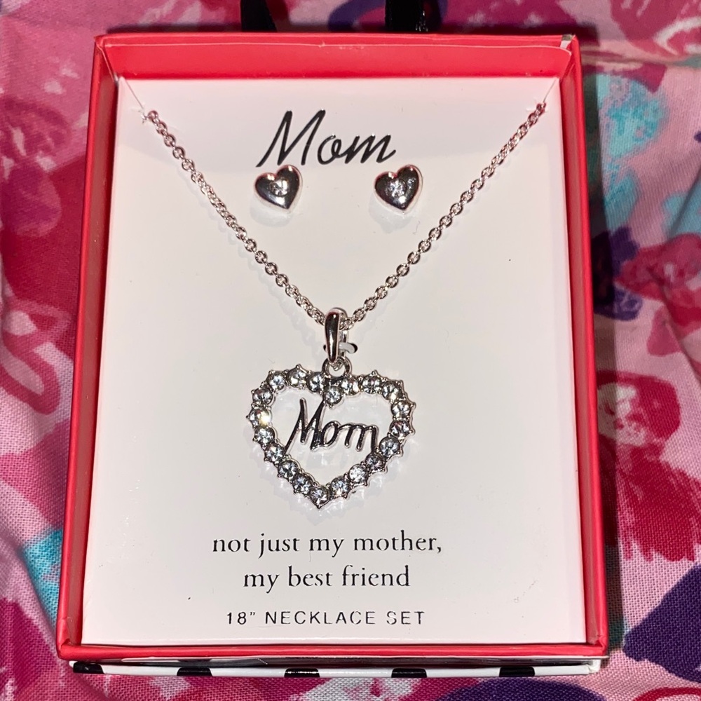 Macy's Silver Heart 'Mom' Necklace and Earring Set